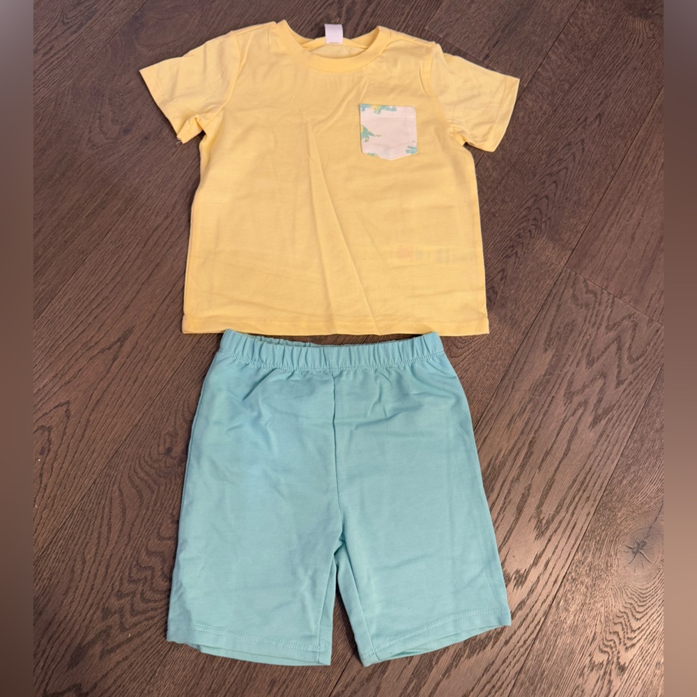PL Kids Yellow Pocket Tee with Dinos & Light Tealish Blue Shorts Set. NWOT